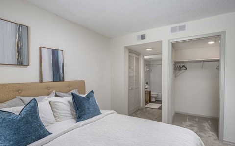 A bedroom with a large bed and a closet.