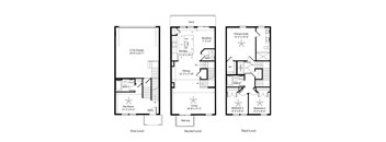 A floor plan of a three-level home with labeled rooms and dimensions.