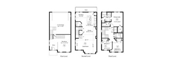 Three black and white images showing the layout of a house from the first, second, and third level.