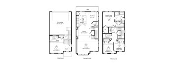 A floor plan of a three-level home with labeled rooms and dimensions.