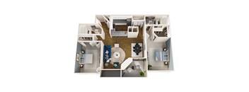 A floor plan of a house with a living room, dining room, kitchen, and two bedrooms.