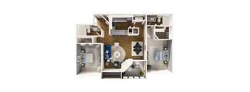 A top-down view of a house layout with a living room, kitchen, and bathroom.