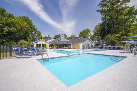 A large swimming pool surrounded by trees and a building in the background.