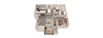 A 3D floor plan of a small apartment with a kitchen, living room, and bedroom.
