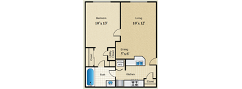 A floor plan of a small apartment with a bedroom, living room, kitchen, and bathroom.
