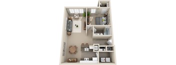 A 3D floor plan of a small apartment with a kitchen, living room, and bedroom.