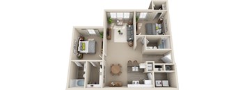 A 3D floor plan of a small apartment with a kitchen, living room, and bedroom.