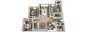 A 3D floor plan of a small apartment with a kitchen, living room, and two bedrooms.