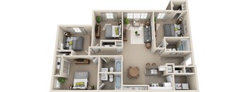 A 3D floor plan of a small apartment with a kitchen, living room, and bathroom.