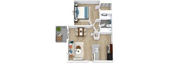 A top-down view of a modern apartment layout with a living room, kitchen, and bathroom.