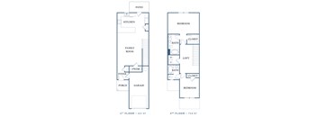 a floor plan of a two story house with a garage a kitchen and a living room