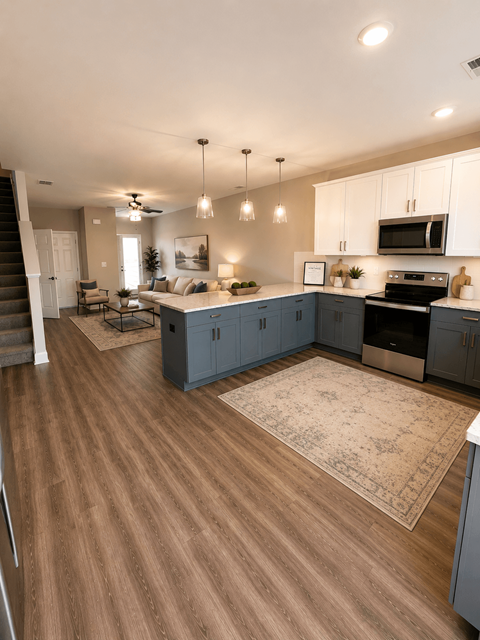 A kitchen with a stove top oven and a refrigerator.