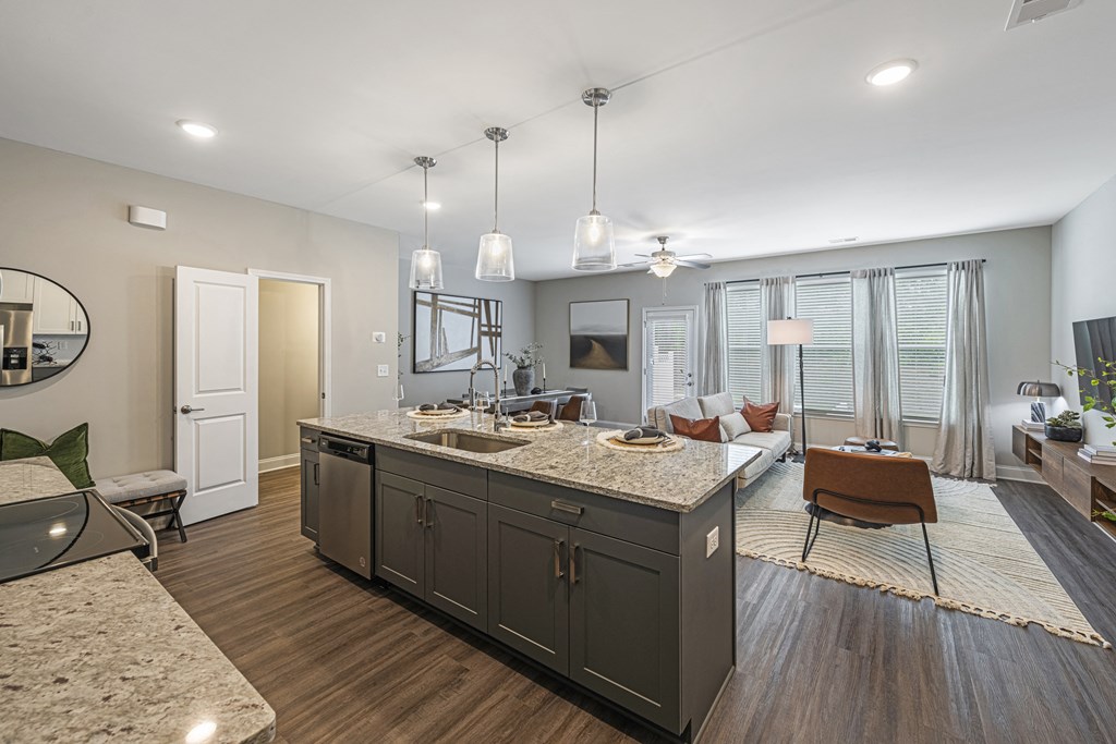 an open living room with a kitchen and a living room