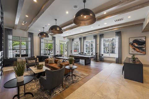 a living room with couches and tables and a pool table