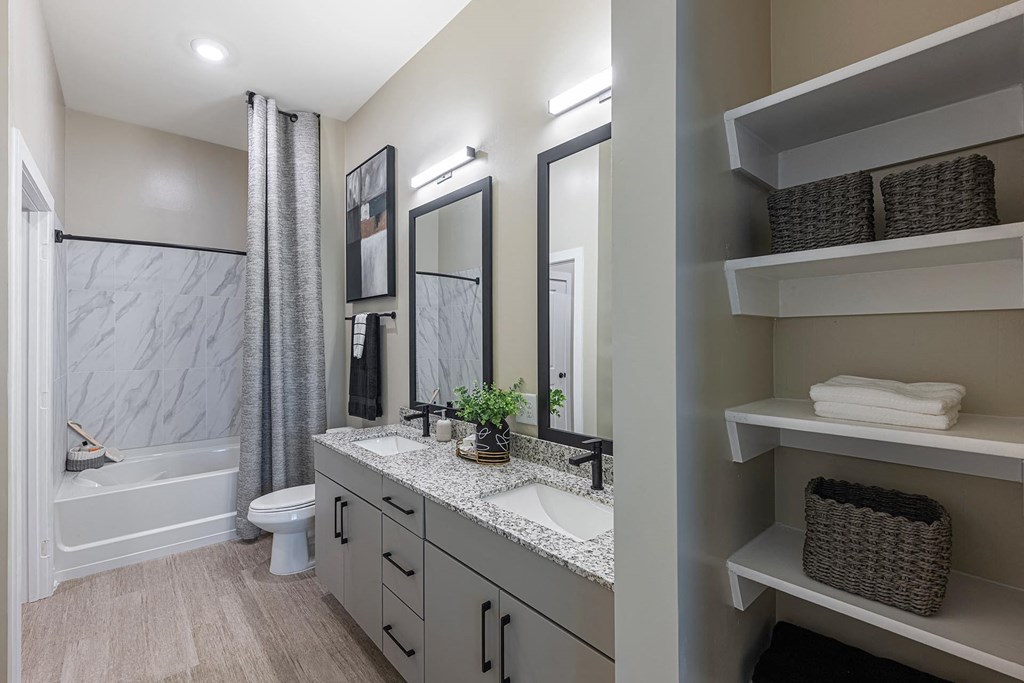 a bathroom with a sink and a shower and a toilet