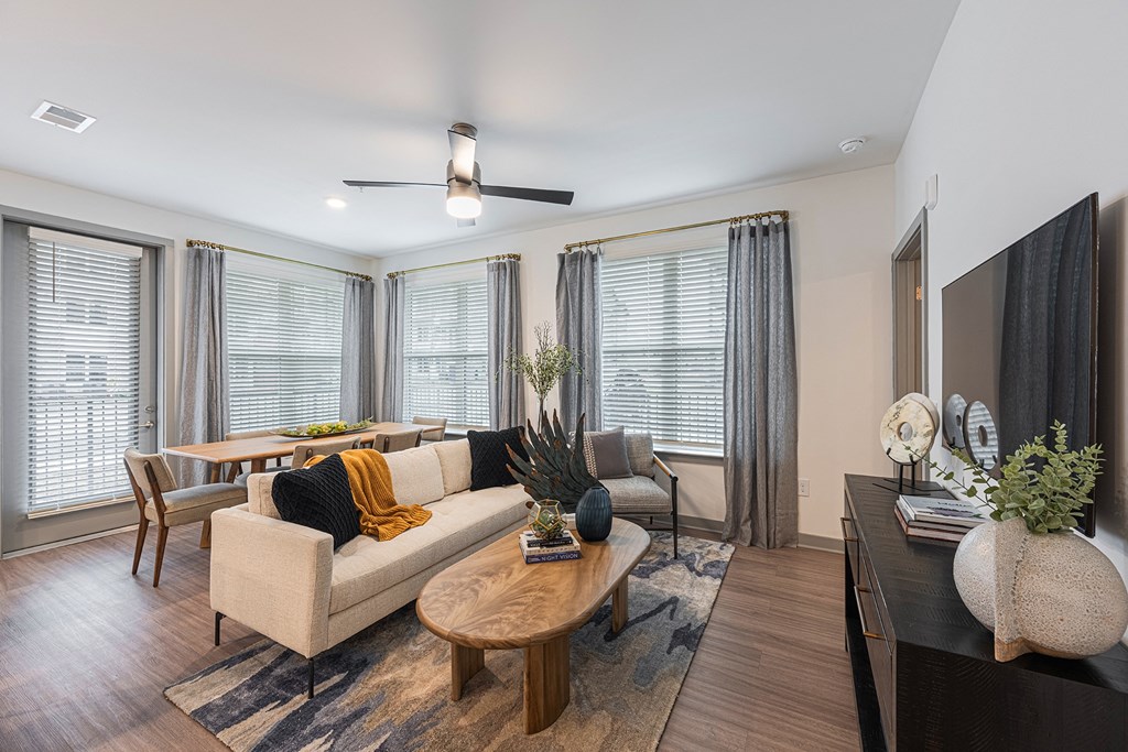 a living room with a couch and a table