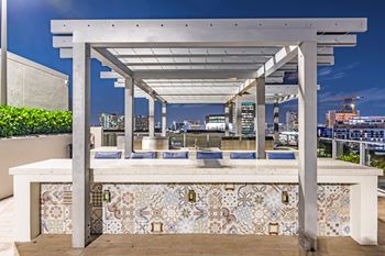 an outdoor bar with a city skyline in the background