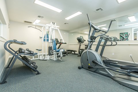 A gym with a variety of equipment including a treadmill, stationary bike, and weight bench.