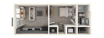 A 3D floor plan of a small apartment with a kitchen, living room, and bedroom.