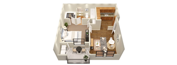 3d floor plan of a home with a bedroom and a living room