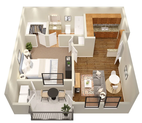 3d floor plan of a home with a bedroom and a living room
