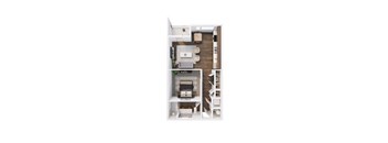 A top-down view of a modern living room with a couch, coffee table, and bookshelf.
