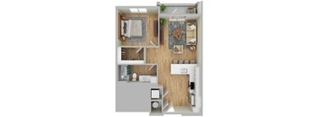 A top-down view of a modern apartment layout with a living room, kitchen, and bathroom.