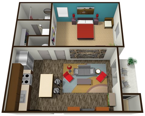 A 3D floor plan of a two-bedroom apartment.