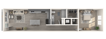 A 3D floor plan of a house showing a kitchen, living room, and bathroom.