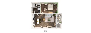 A1-R 525 sqft floor plan with a living room, kitchen, and bathroom.