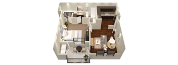 3d view of the living room and dining room of a 1 bedroom apartment