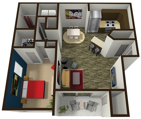 A 3D rendered image of a house layout.