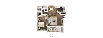 A 3D floor plan of an apartment with a living room, kitchen, dining area, and bedrooms.