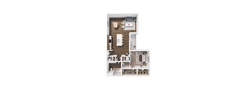 A top down view of a small apartment with a kitchen, living room, and bedroom.