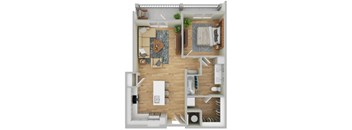 A top-down view of a modern apartment with a living room, kitchen, and bathroom.