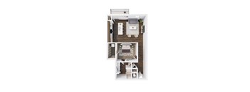 A top-down view of a small apartment with a kitchen, living room, and bathroom.