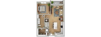 A top-down view of a modern apartment layout with a living room, kitchen, and bedroom.