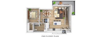 A 3D rendered image of a 2nd floor plan of a house.