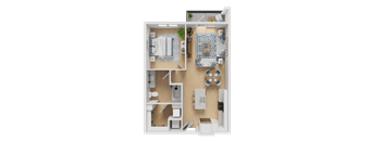 A 3D rendered image of a small apartment layout.