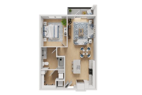 A 3D rendered image of a small apartment layout.