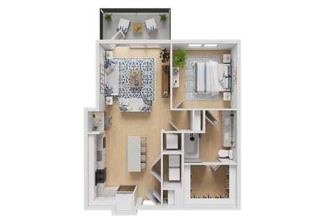 A 3D rendered image of a small apartment layout.