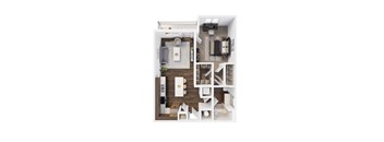 A top down view of a small apartment with a kitchen, living room, and bathroom.