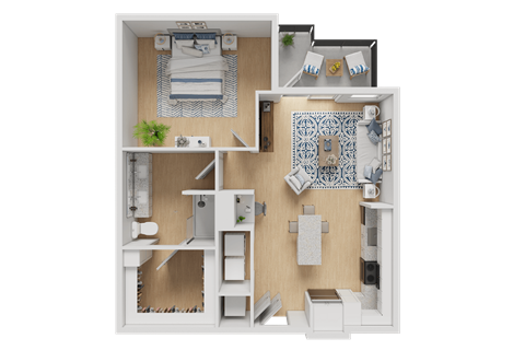A 3D floor plan of a small apartment with a bedroom, living room, and kitchen.