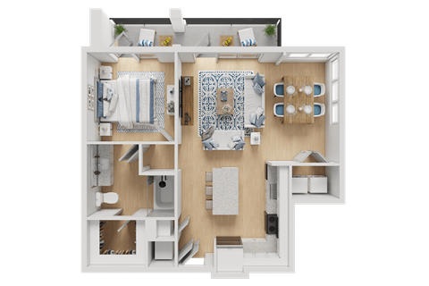 A 3D floor plan of a small apartment with a kitchen, living room, and bathroom.