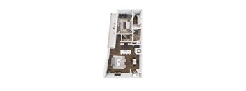 A top-down view of a small apartment with a kitchen, living room, and bathroom.