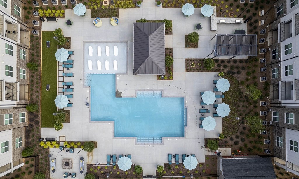 arial view of the pool in the center of a building