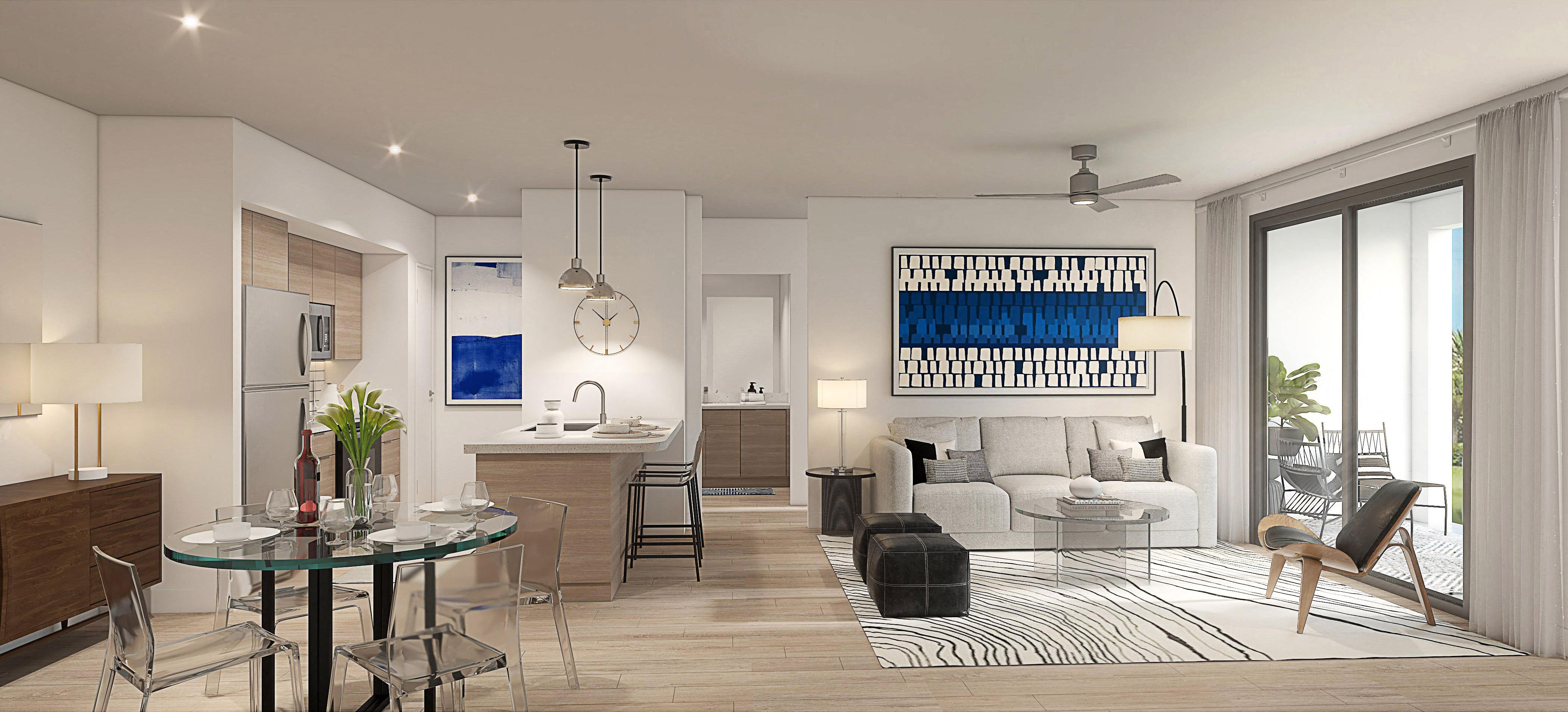 a rendering of a living room with a dining room and kitchen at Altis Blue Lake, Lake Worth, 33467