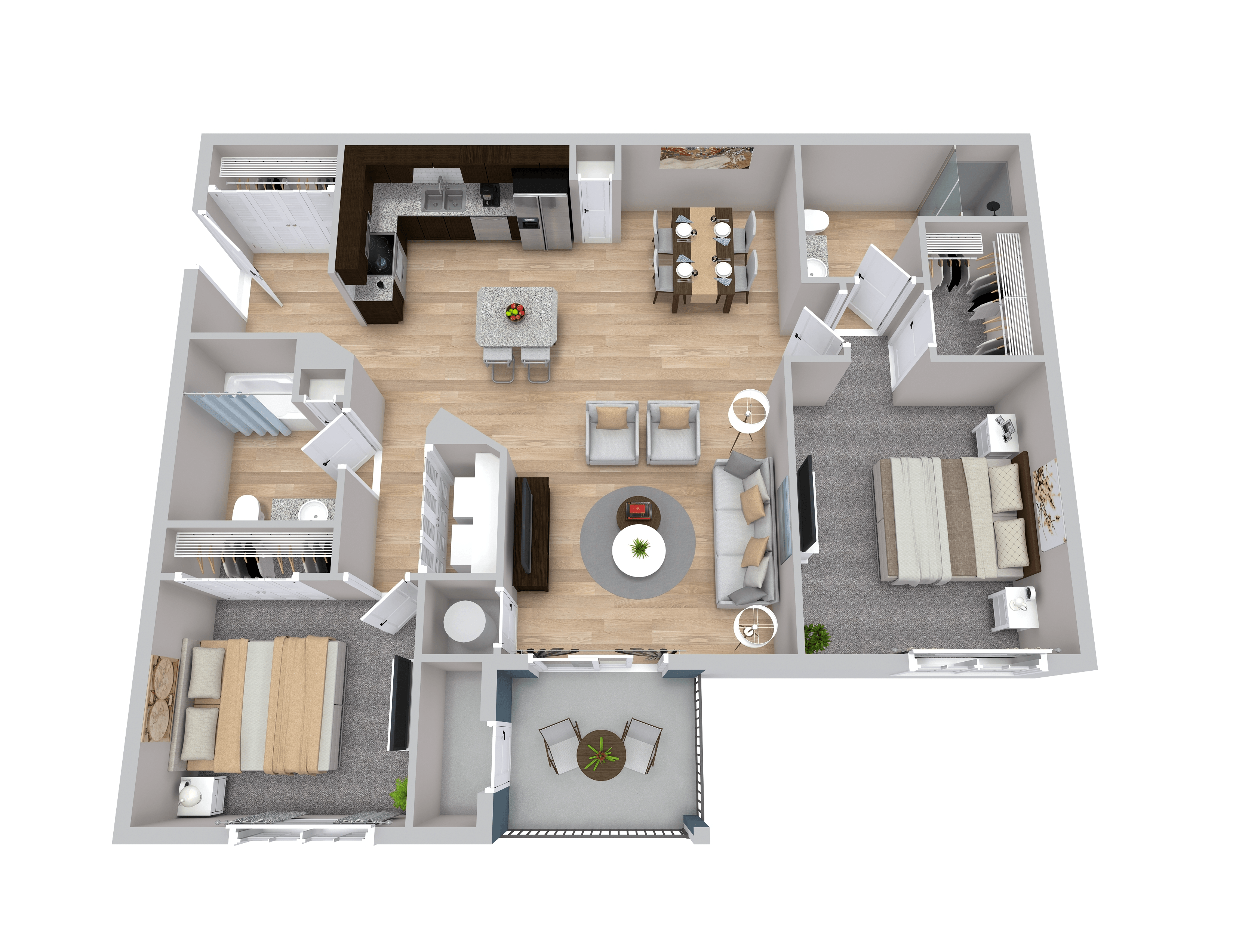 A top-down view of a house layout with a central living area, bedrooms, and a kitchen.