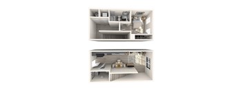 A 3D rendered image of a modern apartment with a kitchen, living room, and bedroom.