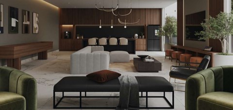 A modern living room with a green armchair and a black sofa.
